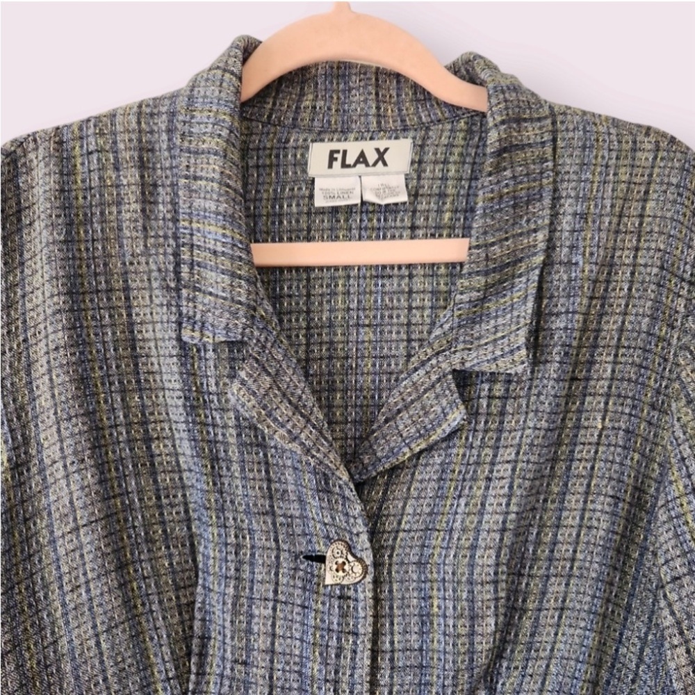 FLAX Women's Blue-Green Patterned Linen Button Front Top, Small - Picture 5 of 7